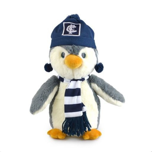 The 27cm Carlton Plush Penguin toy by Korimco dressed in team colours.
