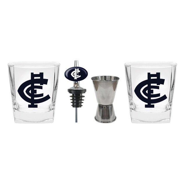 The Carlton Spirit Glass, Jigger & Pourer set by Licensing Essentials, in its gift box.