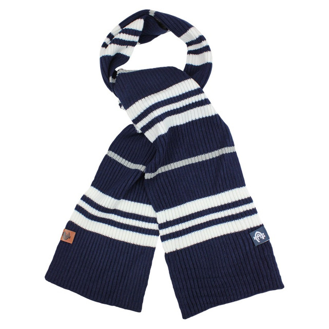The Carlton Rib-Knit Stripe Scarf by Sekem, shown flat.
