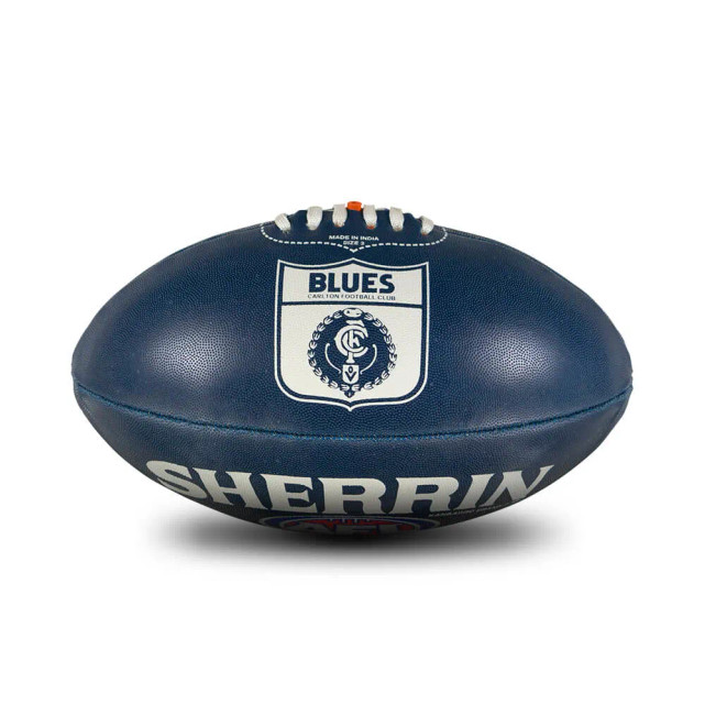 Side 1 of the Carlton 'First 18' retro football by Sherrin (Size 3).