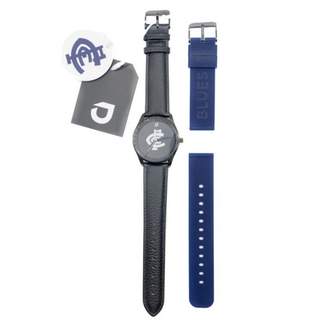 The Uncle Jack Carlton Watch shown with both interchangeable bands and packaging.