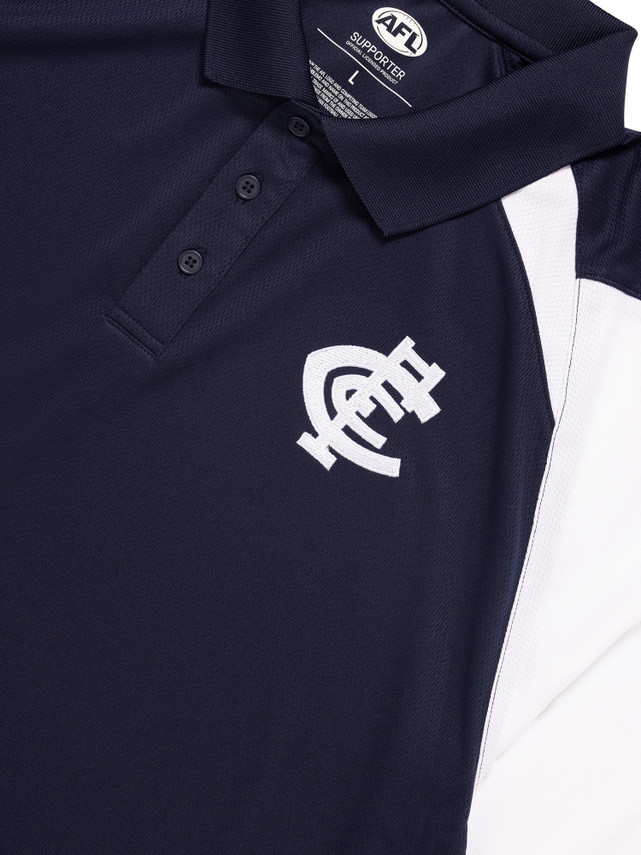 Close-up of the embroidered logo on the 2023 Carlton Mens Performance Polo.