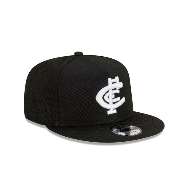 Angled back view of the Carlton New Era Classic Black 9Fifty cap.