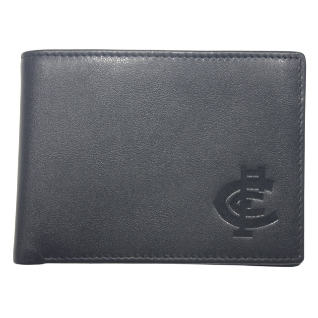 Open interior view of the Carlton Monogram Leather Wallet showing card slots.