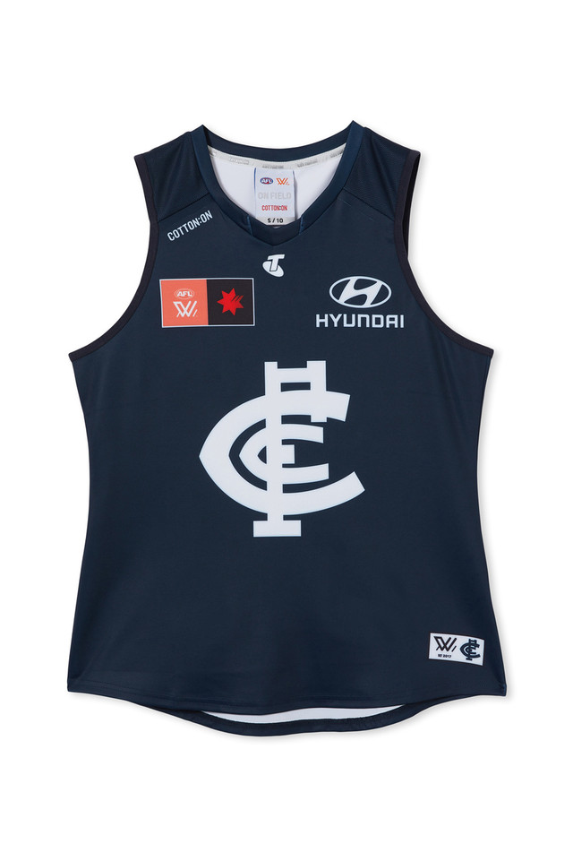 Front view of the 2023 Carlton Cotton On S8 AFLW Home Guernsey.