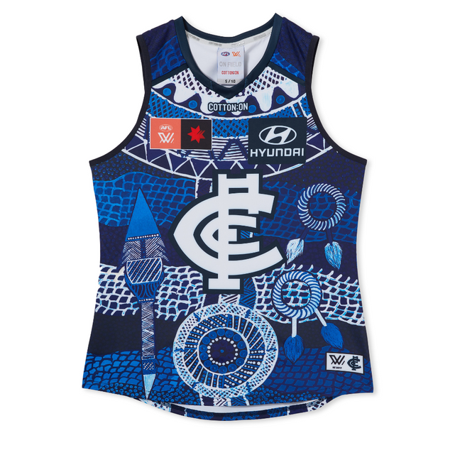 Front view of the 2023 Carlton Cotton On S8 AFLW Indigenous Guernsey.