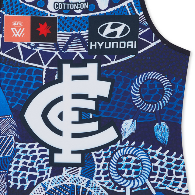 Side view of the 2023 Carlton Cotton On S8 AFLW Indigenous Guernsey.