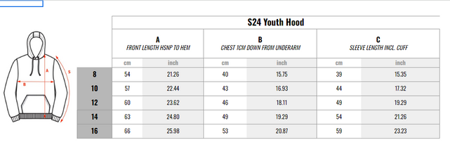 NAR S24 Youth Hood (Hoodie) Size Chart graphic.
