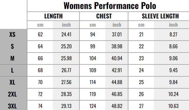 NAR Women's Performance Polo Size Chart graphic.