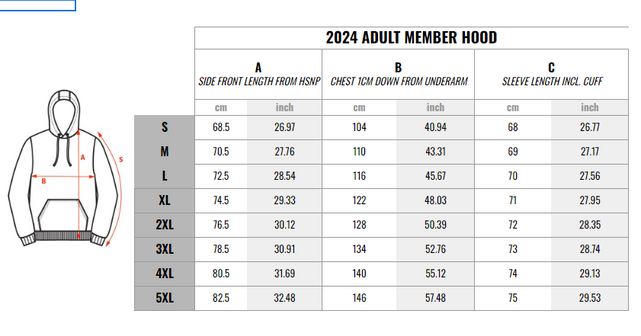 NAR Member Hood (Hoodie) Size Chart graphic.