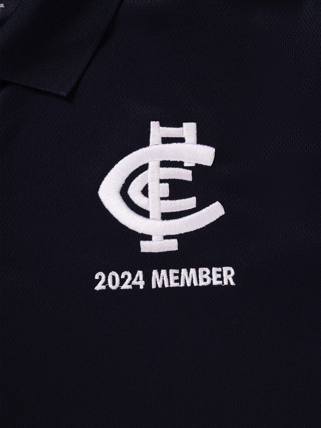 Close-up of the logo detail on the 2024 Carlton Member Adult Polo.