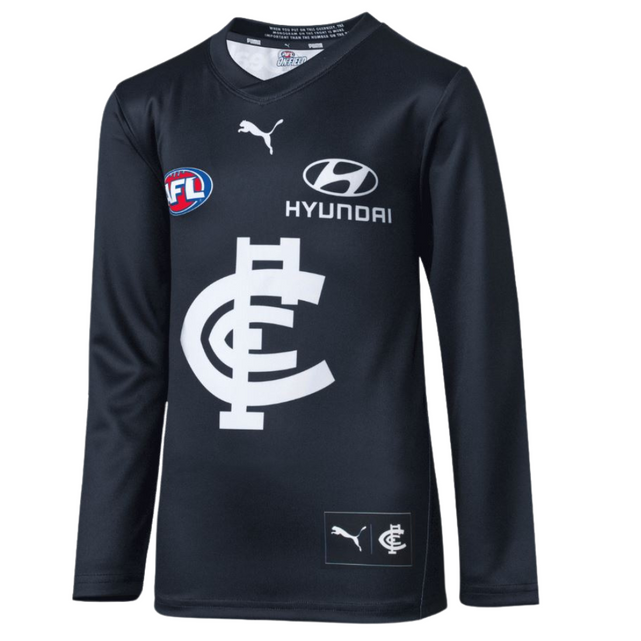 Front view of the 2024 Carlton PUMA Youth Long Sleeve Home Guernsey.
