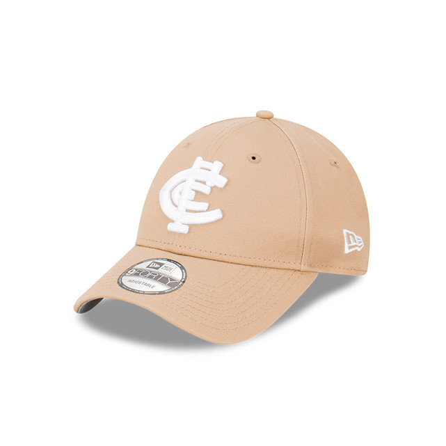 Three-quarter view of the 2024 Carlton New Era 9Forty Camel cap.