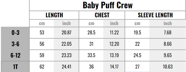 NAR Baby Puff Crew Size Chart graphic.