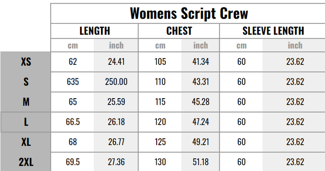 NAR Women's Script Crew Size Chart graphic.