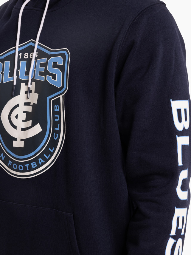Close-up of the chest logo on the W24 Mens Supporter Blues Hoodie.