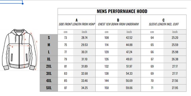 NAR Men's Performance Hood Size Chart graphic.