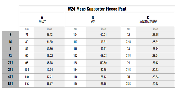 NAR Men's Supporter Fleece Pant Size Chart graphic.