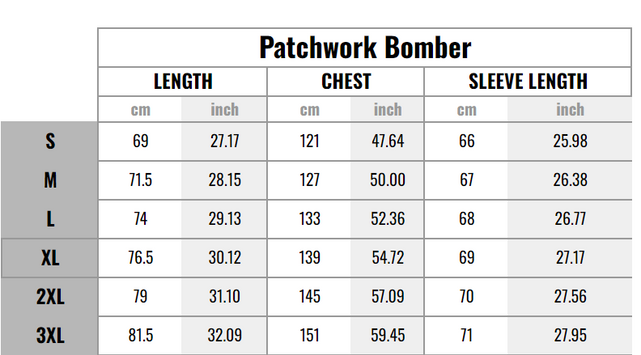 NAR Men's Patchwork Bomber Size Chart graphic.