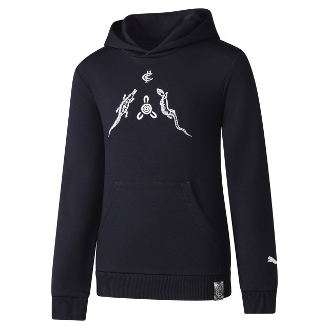 Front view of the 2024 Carlton PUMA Youth Indigenous Hood (Hoodie).