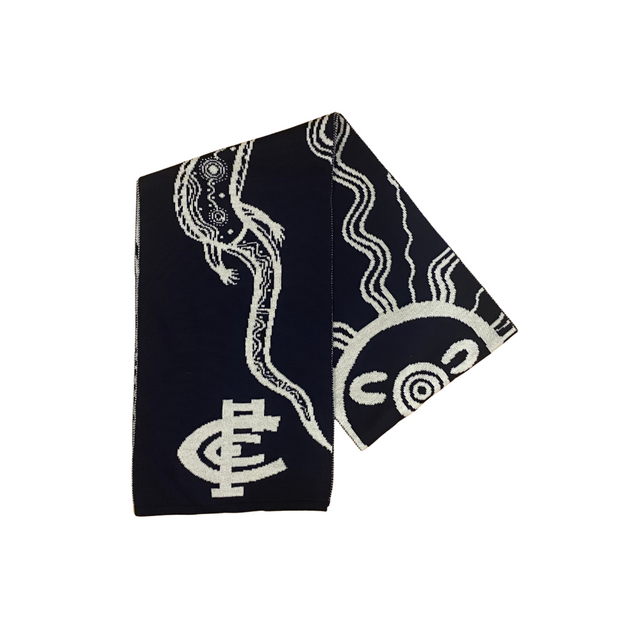 Scarf folded showing the 2024 Carlton Indigenous Wool Scarf design.