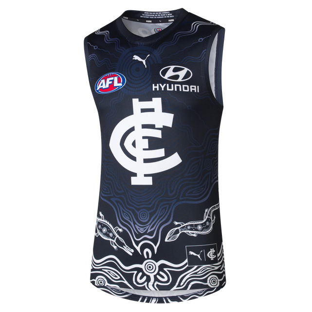 Front view of the 2024 Carlton PUMA Womens Indigenous Guernsey.