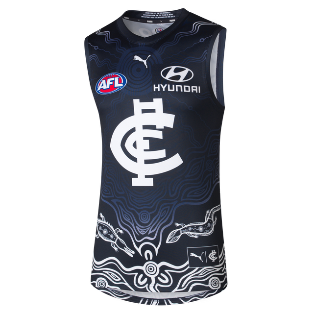 Front view of the 2024 Carlton PUMA Mens Indigenous Guernsey.