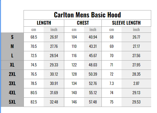 NAR Men's Basic Hood Size Chart graphic.