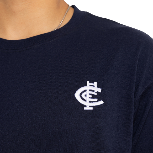 Side view of the Carlton Basic Navy Tee.