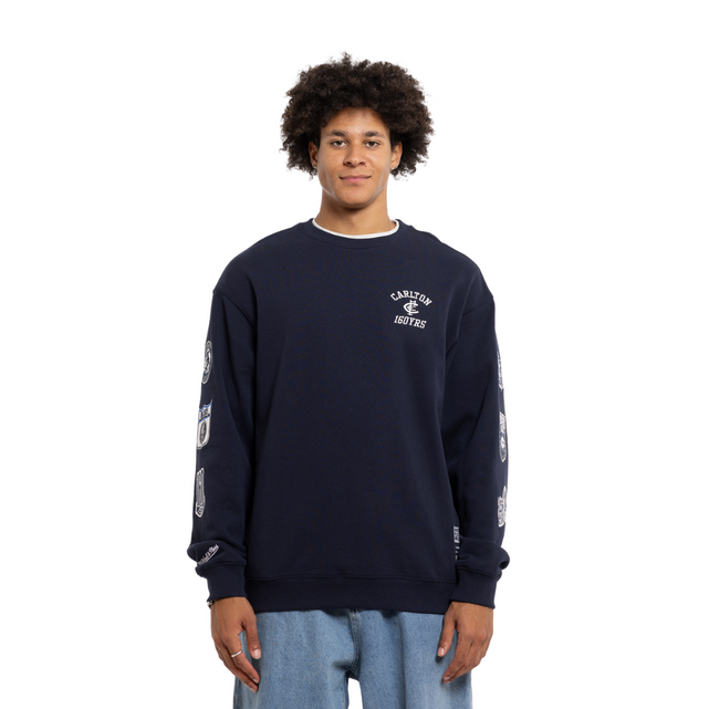Front view of the Carlton 160 Years Crew sweatshirt by Mitchell & Ness.