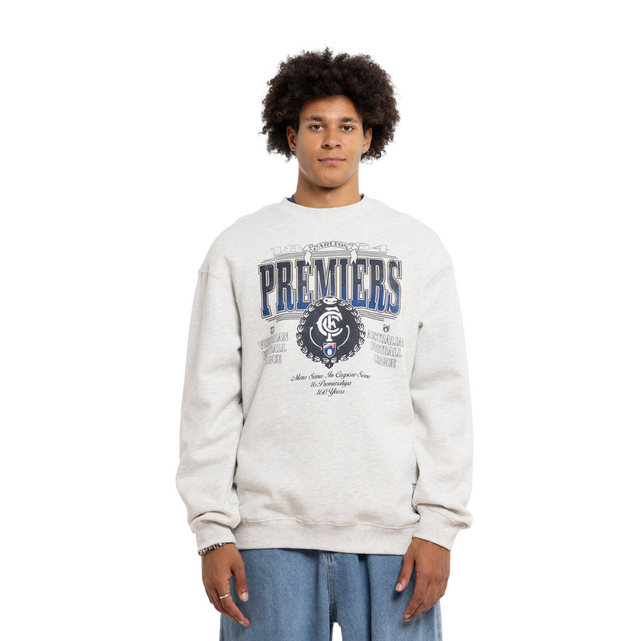 Front view of the Carlton 16 Premiers Crew sweatshirt by Mitchell & Ness.
