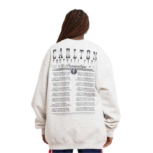 Back view of the Carlton 16 Premiers Crew sweatshirt.