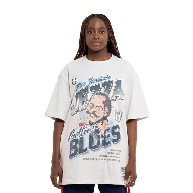 Front view of the Carlton 'Jezza' Caricature Tee by Mitchell & Ness.