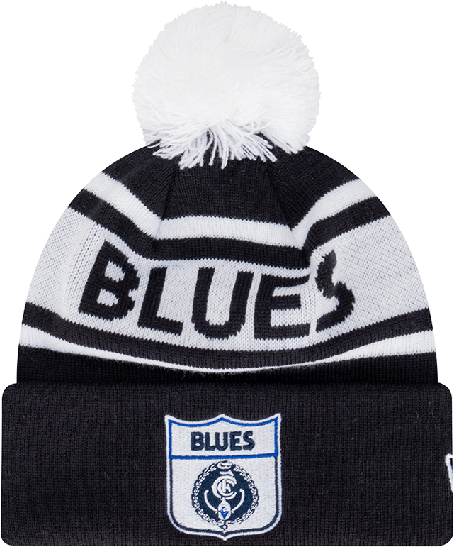 Front view of the Carlton New Era Retro Spellout Knit beanie.