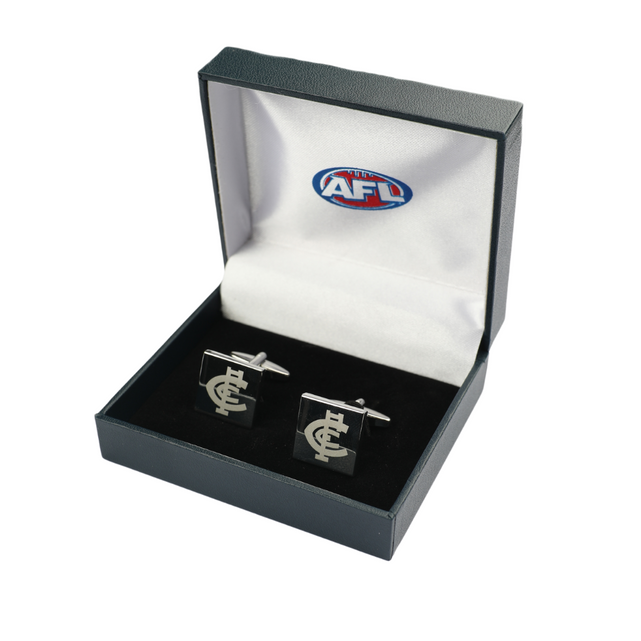 Official Carlton Monogram Cufflinks by Austico Apparel, shown in gift box.