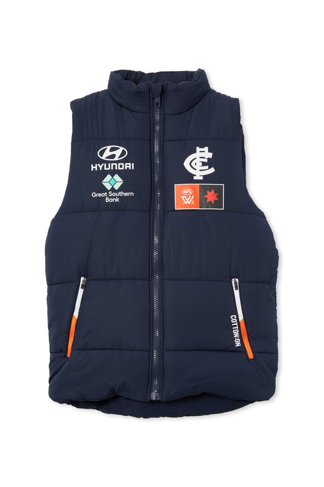 Front view of the 2024 Cotton On S9 Unisex Vest for Carlton AFLW support.