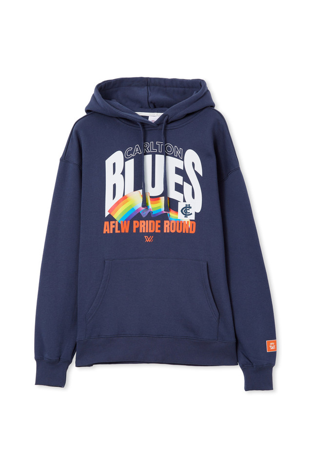 Front view of the Carlton AFLW Pride Unisex Hoodie by Cotton On.