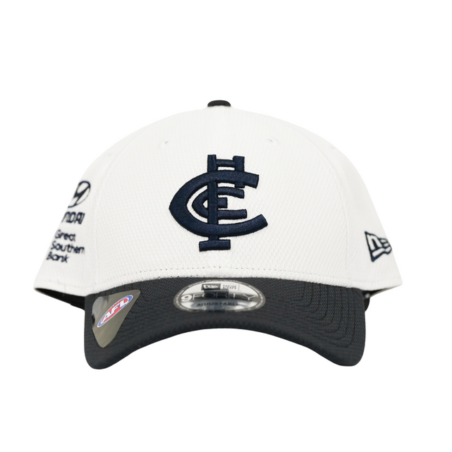 Front view of the Carlton New Era White Mesh 9Forty cap.