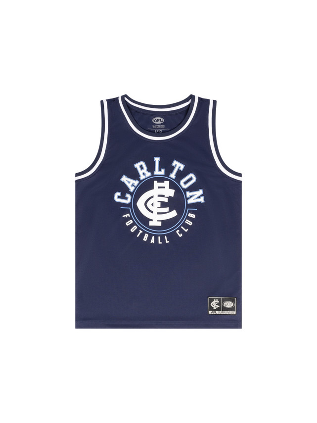 Front view of the Carlton Youth Mesh BBall Singlet by NAR.