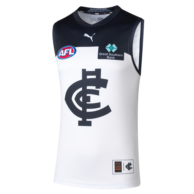 Front view of the 2025 Carlton PUMA Mens Clash Guernsey.