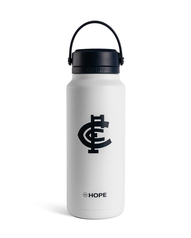 Front view of the Hope Water X Carlton FC 1L Bottle in white.