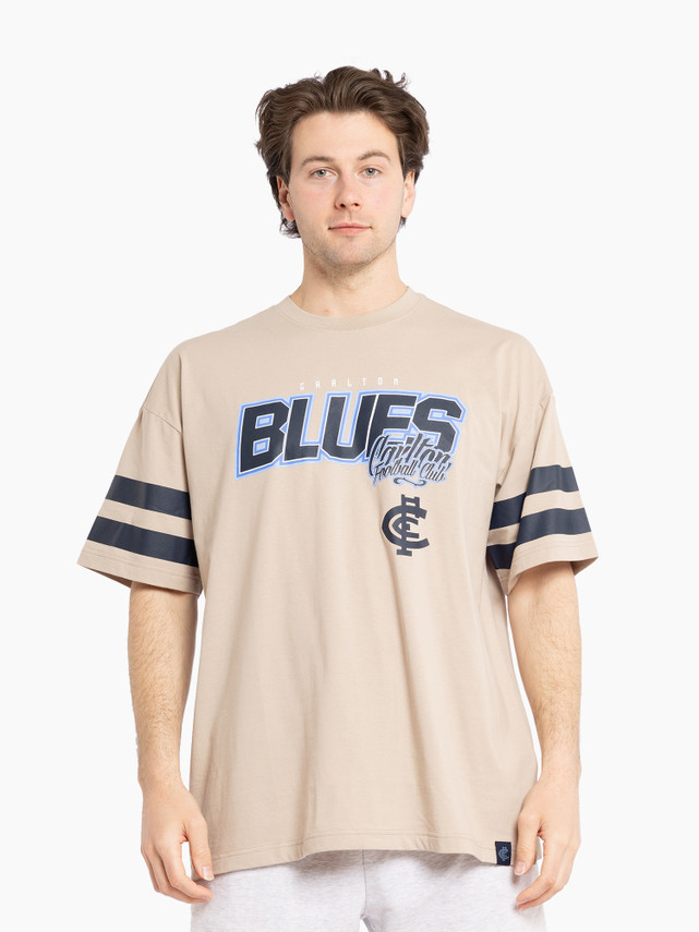 Front view of the Carlton Mens Multi Logo Tee in Stone by NAR.