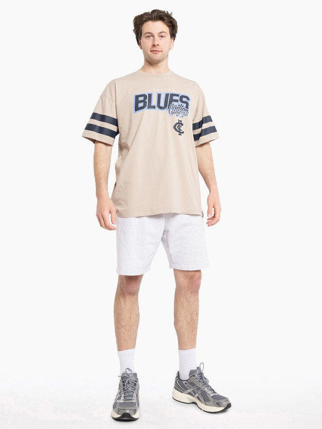 Close-up of the chest graphic on the Mens Multi Logo Tee in Stone.