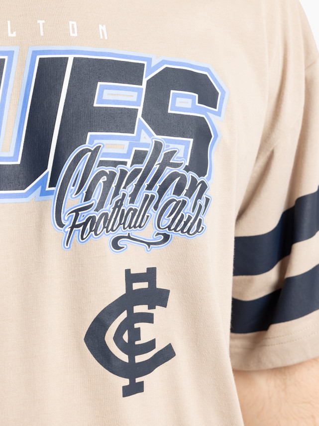 Close-up of the back graphic on the Mens Multi Logo Tee in Stone.