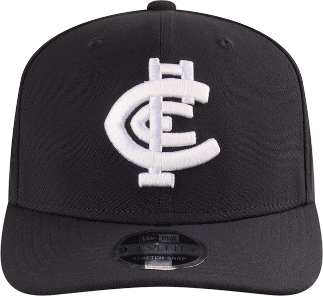 Front view of the 2025 Carlton New Era 9Seventy cap.