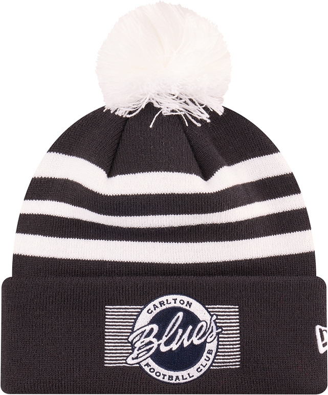 Front view of the 2025 Carlton New Era Knit Badged beanie with pom-pom.