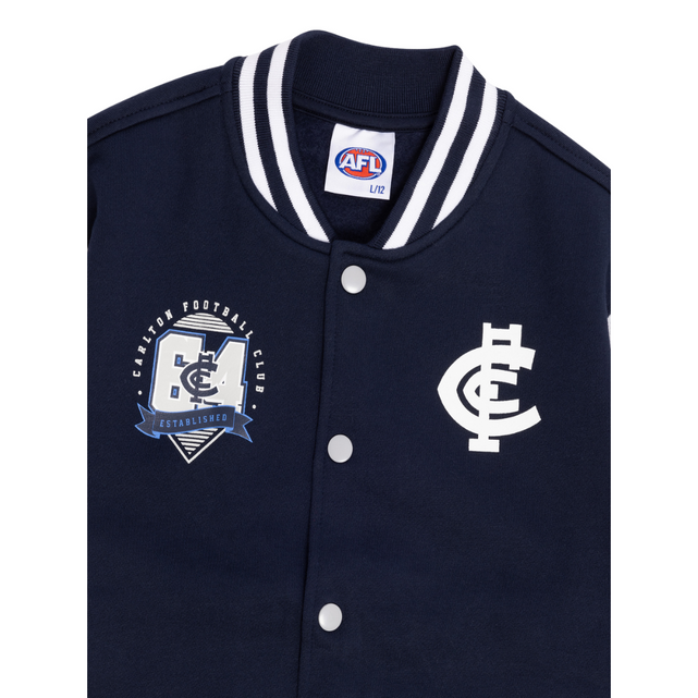 Close-up of the chest logo on the Youth Varsity Fleece Jacket.