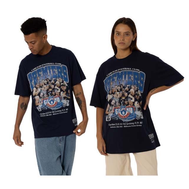 Front view of the Carlton '95 Premiership Team Tee by Mitchell & Ness.