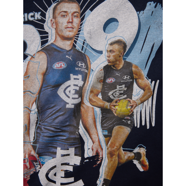 Close-up of the Patrick Cripps graphic on the Youth Landmark Tee.