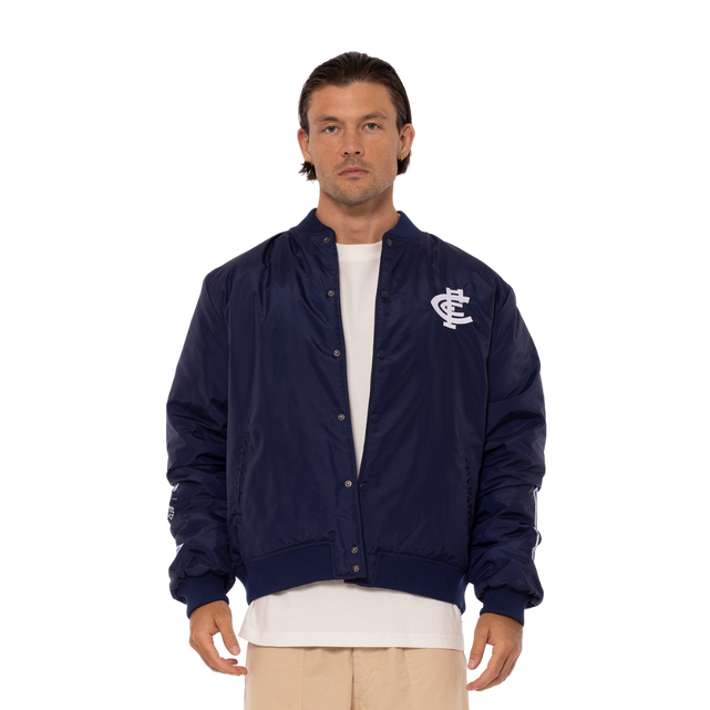 Front view of the 2025 Carlton Men's Graphic Patch Bomber jacket by NAR.